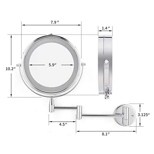 Wall Mounted LED Magnifying Mirror 5X Makeup 8" Lighted Double Side 360 Degree Vanity Magnification Swivel Extendable Mirror - Thumbnail 6