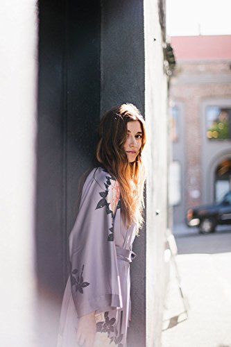 Old Shanghai Women's Kimono Robe Short - Watercolor Floral, Blushrose- Mineral Blue - Thumbnail 3