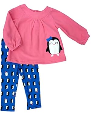 Carter Infant Girl 2 PC Outfit Pink Penguin Fleece Tunic Shirt Blue Leggings