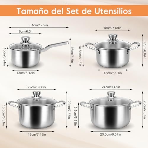 MEKOTRIN Cookware Set 8 Pieces 304 Stainless Steel, Induction Pots and Pans Set with Glass Lids, Multi-Layer Saucepans for All Kitchens, Easy Cleaning