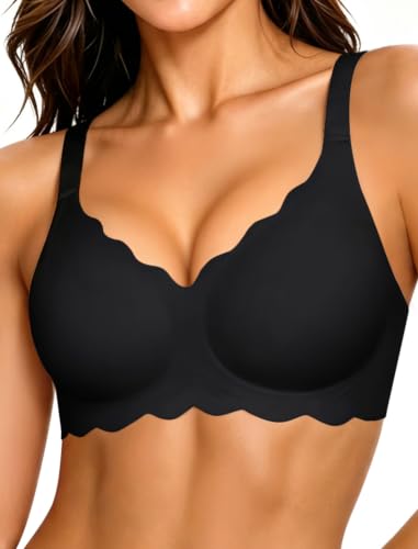 SWOMOG Women Wireless Bra No Underwire Supportive Smoothing Bra Full Coverage Jelly T-Shirt Bra Push Up Everyday Bra Black 3XL at Amazon