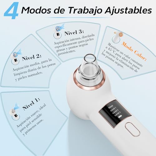 Succionador de Puntos Negros Extractor Limpiador de Poros Limpiador Puntos Negros con Calor - 3 Modos 5 Boquillas Eléctrico Quitar Puntos Negros Nariz Aceites y Espinillas Facial Hogar | Limpieza Facial y Nasal Kit de Espinillas para Eliminar Comedones y Acné Graso,Blackhead remover pore vacuum