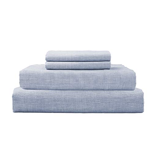 DAPU Pure Stone Washed Linen Sheets Set 100% French Natural Linen European Flax (King, Summer Sky, Flat, Fitted and 2 Pillowcases)