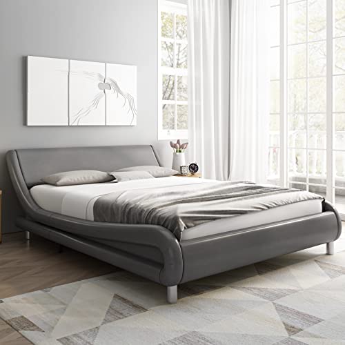 Deluxe Faux Leather Upholstered Platform Bed Frame with Headboard, Low