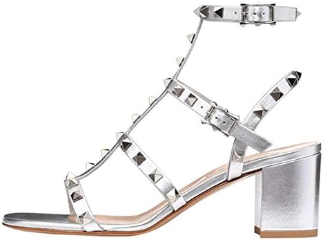 Comfity Leather Sandals for Women,Rivets Studded Strappy Block Heels Slingback Gladiator Shoes Cut Out Dress Sandals