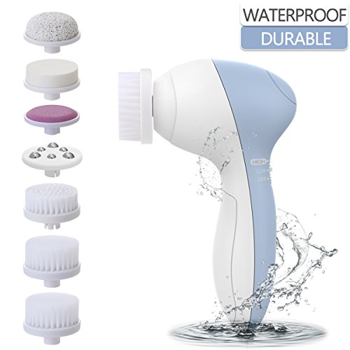 Facial Cleansing Brush, PIXNOR Waterproof Facial Brush with 7 Exfoliating Brush Heads for Deep Cleansing, Gentle Exfoliating, Removing Blackhead, Massaging