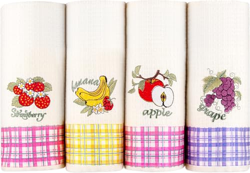 Lavien Home, Dish Towels for Kitchen Rustic Home Decor, Turkish Cotton Waffle Weave Fruits Embroidery Washable Tea Towels with Plaid Housewarming Gift (Set of 4), 16 x 23 inches