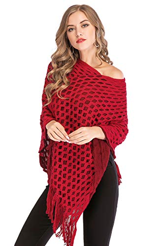 Women's Pullover Shawl Knit Poncho Sweater Capes with Fringed Sides Loose Fitting Poncho Cape