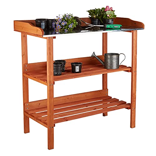 Relaxdays Tavolo da Giardinaggio in Legno, 3 Ripiani, Piano di Lavoro in Metallo, Germinazione, 87,5x91,8x41,5,Arancione
