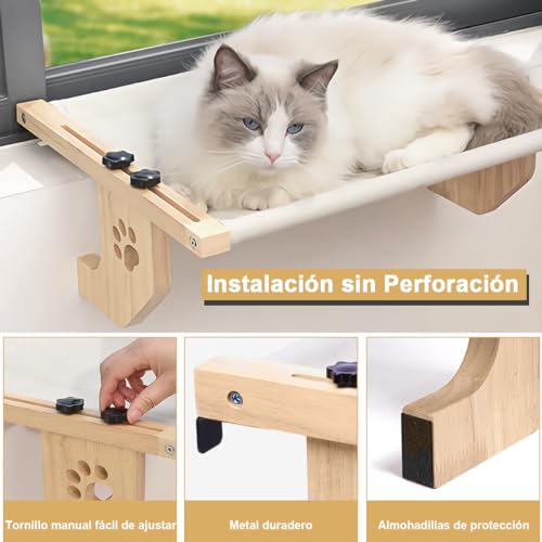 AZYAADIXX Percha de Ventana para Gatos Hamaca Ventana con 4 Patas, Estante Cama de Gatitos Gatos Grande Dormir Interior Asiento Resistente Ajustable Montado en Ventana Estante Estable Soporta 7kg