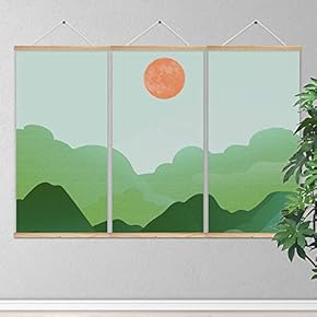 3 Panel Hanging Poster Wooden Framed Sun and Mountain Home Wall Canvas Prints Ready to Hang - 18"x36"x3 Panels