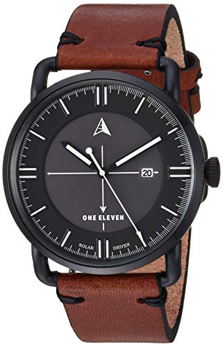 One Eleven Men's SW1 Solar Quartz Stainless Steel and Leather Casual Watch, Color: Black, Brown (Model: CBOE2002)