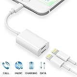 Dual Ports Adapter Splitter, 2 in 1 Headphone Jack Aux Audio & Charger Adapter Cable Connector Compactible for Ip7/ 7 Plus/ 8/Plus/X (Support Calling + Sync + Music Control + Charge)