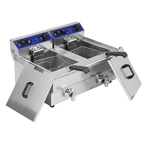 Belovedkai Electric Deep Fryer, 13L/26L Stainless Steel Commercial Electric Deep Fat Fryer Temperature Control Timing Fryer with Drain & Basket,Single Tank/Dual Tank (26L Double Basket)
