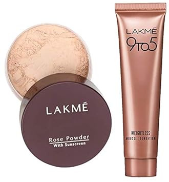 Lakme Rose Face Powder, Soft Pink, 40g & Lakme 9 to 5 Weightless Mousse Foundation, Rose Ivory, 6g