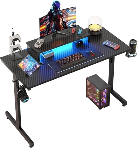 Escritorio Gaming 106.6CM LED Escritorio de Ordenador con Soporte de Monitor Estación de Trabajo Gamer con Portavasos Ganchos para Auriculares para el Hogar Oficina Dormitorio Pequeño Espacio