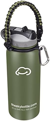 Stainless Steel Vacuum Insulated Water Bottle with Straw Lid and FREE paracord handle with metal carabiner - Keeps Hot &amp; Cold Beverages for Hours - Thermos Double Walled - 32 oz.(1 Liter) - Army Green