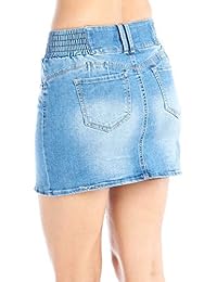 Pantalón vaquero para dama con falda pequeña y cintura elástica con 2 botones en la parte delantera