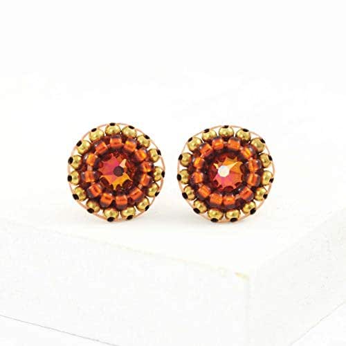 Burnt orange stud earrings Gold tone earrings Handmade