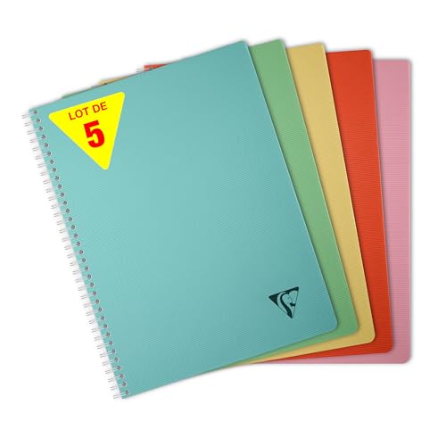 Clairefontaine 327126CPack LiniColour ESSENCE Set of 5 Spiral Notebooks A4 21x29,7 180 Small Squares Pages White Paper 90g - Clear Polypro Cover Random Colours