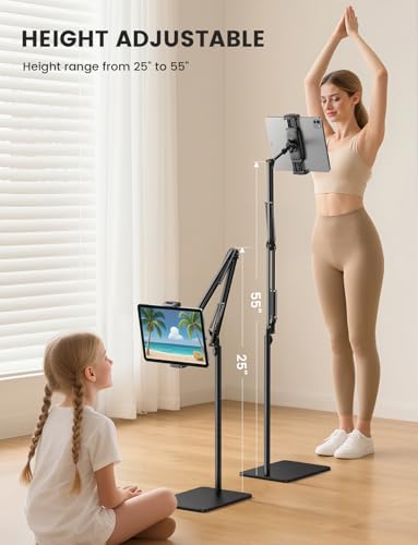 Lamicall Soporte de Piso para Tablets - [Ajustable 55" de Altura][Brazo Flexible] Base para iPad Multiangulo, con Base Ponderada de 5 LB, para 4.7-13" Devices, iPad Pro Air Mini, Kindle, E-Readers