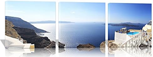 The Melody Art - Modern Decor 3 Pcs Framed Giclee Prints Seascape Artwork Greece Santorini Island Pictures Paintings on Canvas Wall Ready to Hang for Living Room Bedroom Home Decorations, 16 x 16 Inch