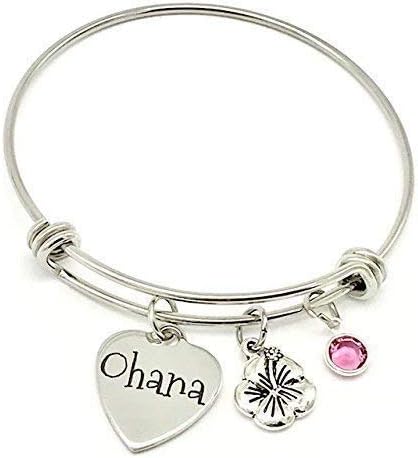 Ohana Means Family Hawaiian Expandable Bangle Bracelet with Hibiscus and Swarovski Crystal
