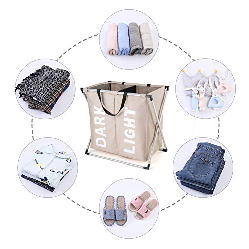 Hosroome 2 Sections Laundry Hamper Laundry Baskets with Aluminum Frame (24"x 15"x 23") Dirty Clothes Bag for Bathroom Bedroom Home College Use,Beige