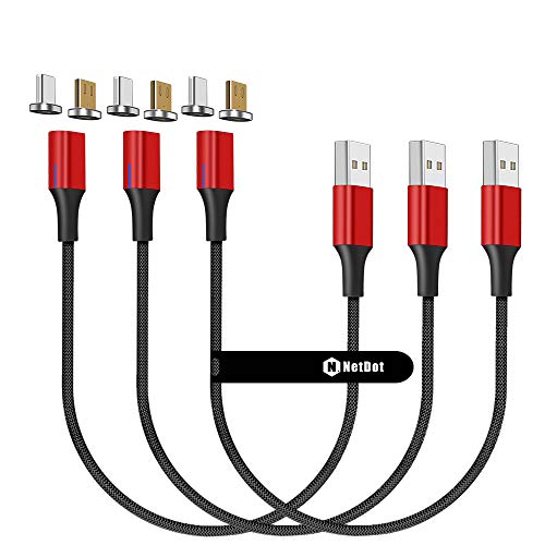 NetDot Gen10 Micro USB and USB-C Nylon Braided Magnetic Fast Charging Cable with Side LED Compatible with Android Device(1ft/3 Pack red)