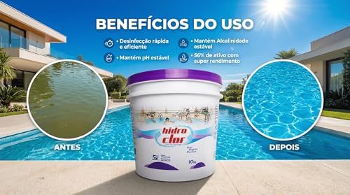 CLORO ORGÂNICO PREMIUM 56% HIDROCLOR 10Kg para Piscina, Desinfetante Concentrado, Estabilizado, 56% Teor Ativo de Cloro