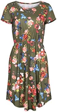 MALOTINA Women Short Sleeve Floral Print Scoop Neck Elastic Waist Pocket Casual Midi Vintage Dress