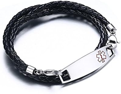 Free Custom Engraved Black Braided Leather Surgical Medical Alert ID Bracelets 8.0 inch