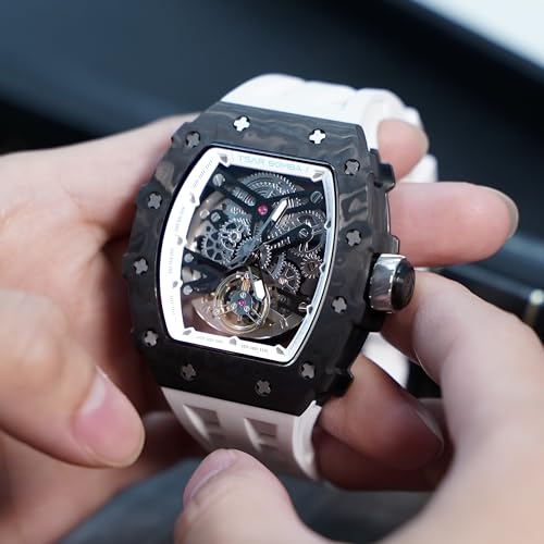TSAR BOMBA Watch for Men, 50M Waterproof Automatic Mens Watch, Skeleton Mechanical Tonneau Big Face Dial Black Watch with Silicone Watch Bands, Gifts for Men