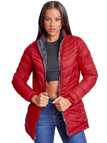 YMI Jeans Women's Winter Reversible Puffer Jacket, BLKRD, S