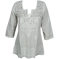Mogul Interior Womens Embroidered Solid White Pure Cotton Tunic, Top, Kurti, Shirt, Blouse