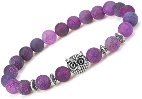 Gadblesjew Men Women 8mm Weathered Agate Bracelet Elastic Natural Stone Beads Bracelet Bangle With Charm Owl