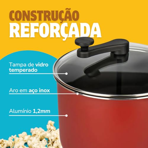 Pipoqueira Antiaderente 3,6 Litros Panela De Pipoca 20cm Alumínio Com Tampa de Vidro e Saída de Vapor para Fogão a Gás e Elétrico Modelo Grande