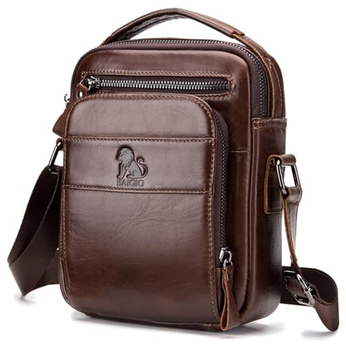 BAIGIO Cross Body Bag Men Men's Shoulder Bags Genuine Leather Crossbody Sling Handbag Ipad Man Bag Small Satchel Messenger with Adjustable Shoulder Strap for Business Work Daily Travel Holiday, Brown