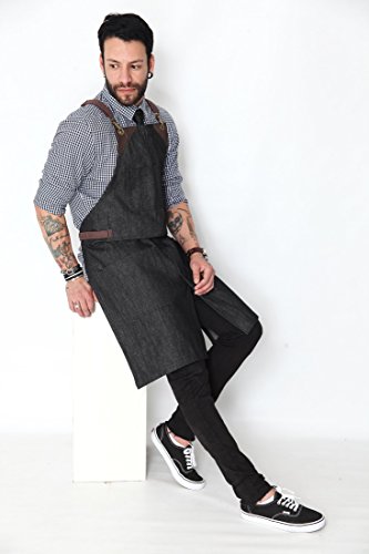 Cross-Back Apron - Ash Black Denim - Split-Leg - Brown Leather