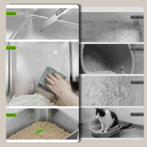 SZEE XL Stainless Steel Cat Litter Tray with 180° Hinged Lid, Large Closed Cat Litter Tray Stainless Steel with Lid, 59 x 38 x 38 cm, Dark Grey