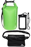 Freegrace Waterproof Dry Bags Set of 3 Dry Bag with 2 Zip Lock Seals & Detachable Shoulder Strap, Waist Pouch & Phone Case - Can Be Submerged Into Water - for Swimming (Green, 5L)