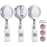 Retractable Badge Holder, Aerb Pack of 3 Heavy Duty ID Badge Holder Reel Clip with Stainless Steel Cord and DIY USA Flag Stickers for Men, Women, Nurse, Officer, Silver