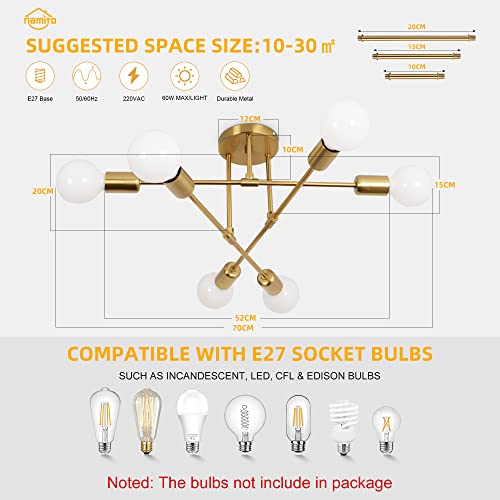 namito Deckenleuchte Vintage Wohnzimmer, 6 Flammige Vintage Deckenlampe Retro Kronleuchter Gold Vergoldet für Esszimmer Küche Bar Restaurant, 230V, E27 Fassung, Ohne Lampen