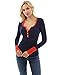 PattyBoutik Women Notch Neck Trim Long Sleeve Sweater (Dark Blue and Tangelo Small)
