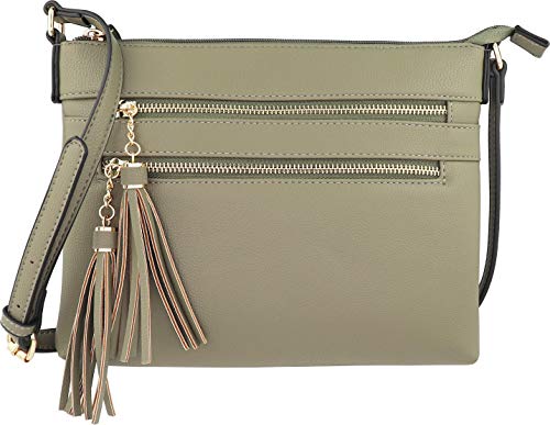 B BRENTANO Vegan Multi-Zipper Crossbody Handbag Purse with Tassel Accents (Martini Olive) - Thumbnail 7
