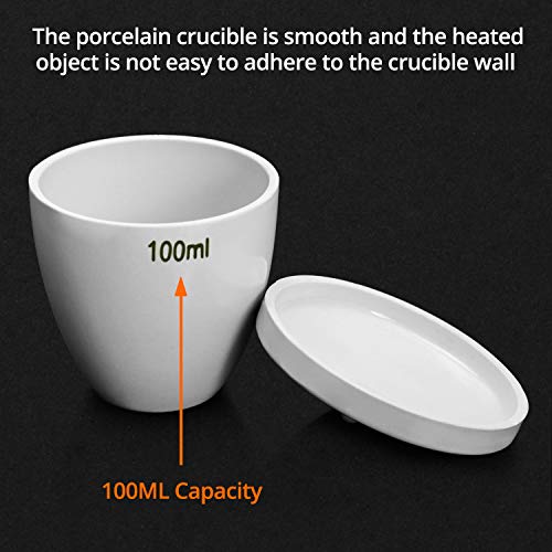 QWORK Lab Porcelain Crucible With Lid, 1 Pack, 100ml Capacity, White