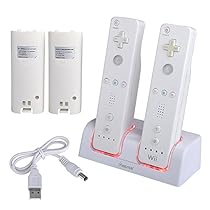 Insten Compatible With Wii / Wii U REMOTE White Dual Charging Station w/ 2 Rechargeable 2800 mAh Battery & LED light