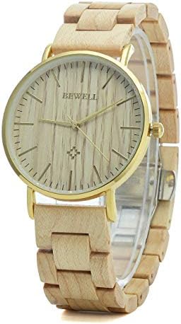 BEWELL A163 Couple Models Wrist Watch Analog Quartz Movement with Maple Wood Band Round Stainless Steel Watch Dial Butterfly Clasp