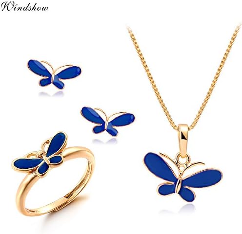 Windshow 18K Gold Plated Blue Butterfly Jewelry Sets for Children Kids Baby Girls