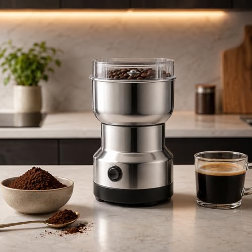 Moedor de Café Elétrico 110V Multifuncional | Moedor de Grãos, Temperos e Sementes | Triturador Rápido e Compacto | Fácil de Usar e Limpar